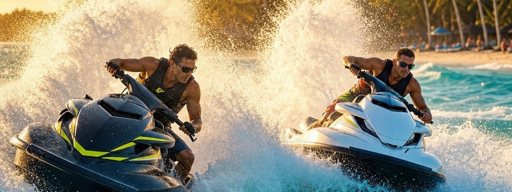 Two riders racing jet skis through turquoise water