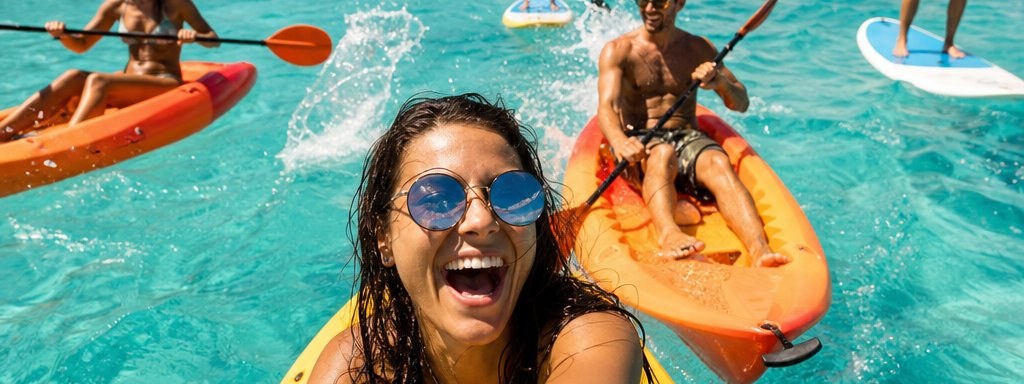 Smiling customer kayaking with a group on the water