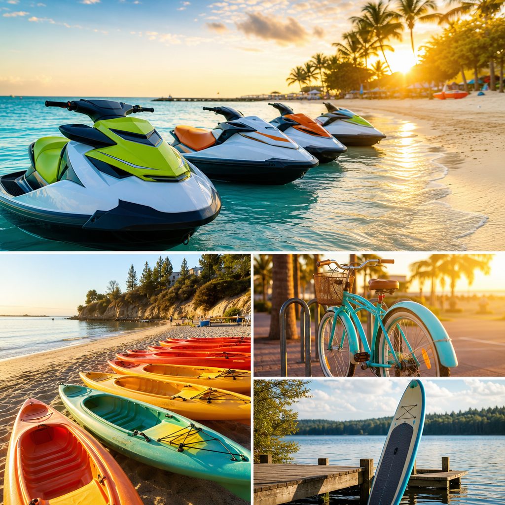 Jet skis, kayaks, and beach cruiser bikes ready for rental