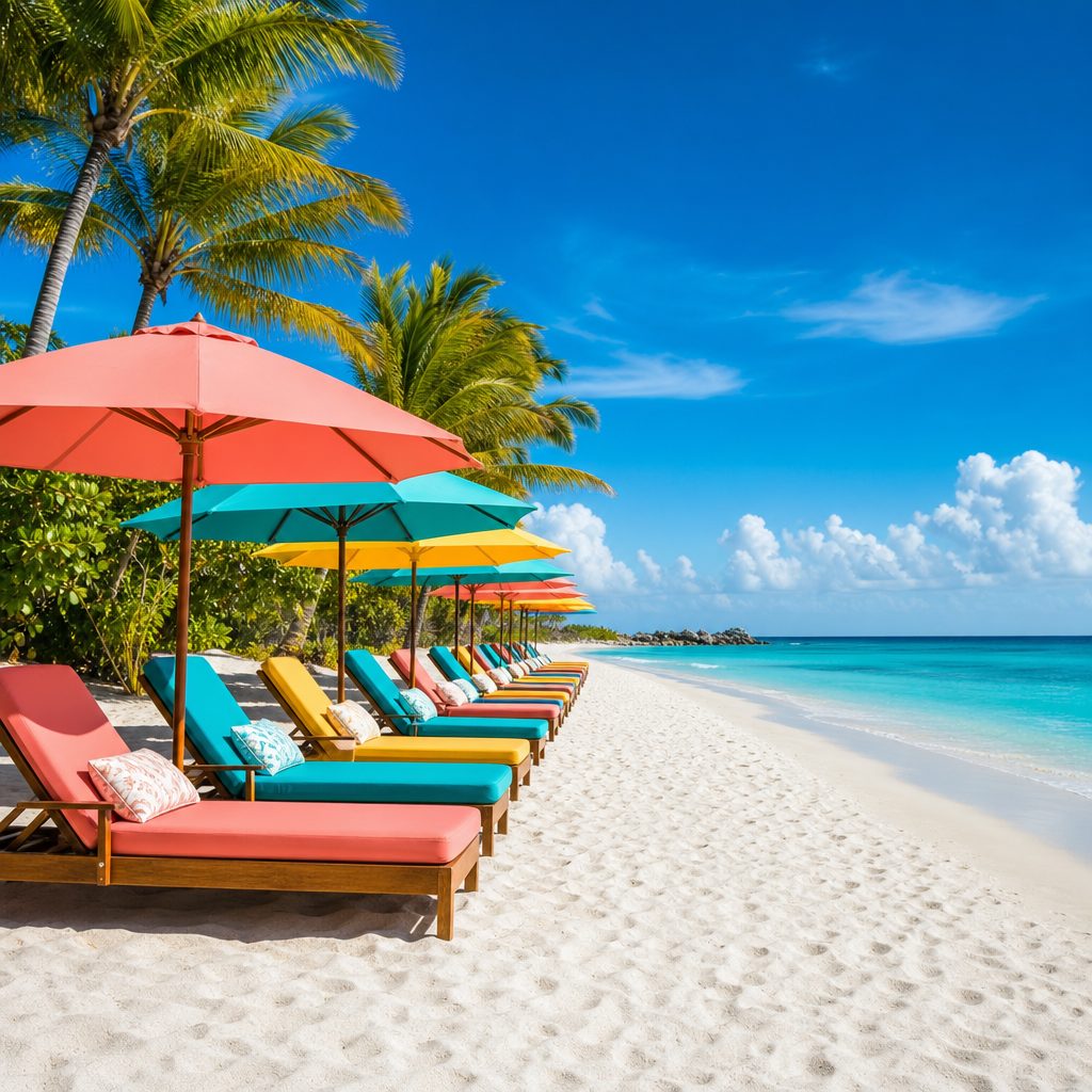 Colorful beach umbrella and chair rentals on pristine sand — managed with ReservZs booking software