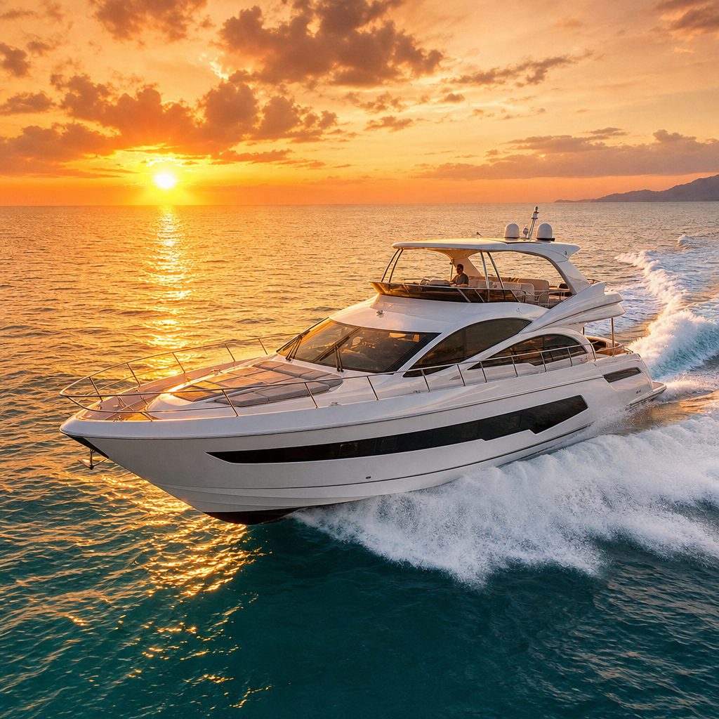 Luxury yacht charter cruising at golden hour — managed with ReservZs booking and scheduling software