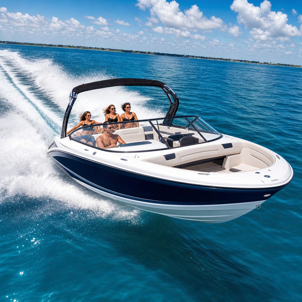 Speedboat rental cutting through open blue water — managed with ReservZs booking and inventory software