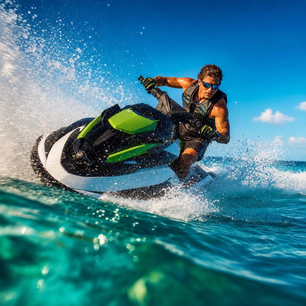 Jet ski rental customers carving through turquoise water — managed with ReservZs booking software