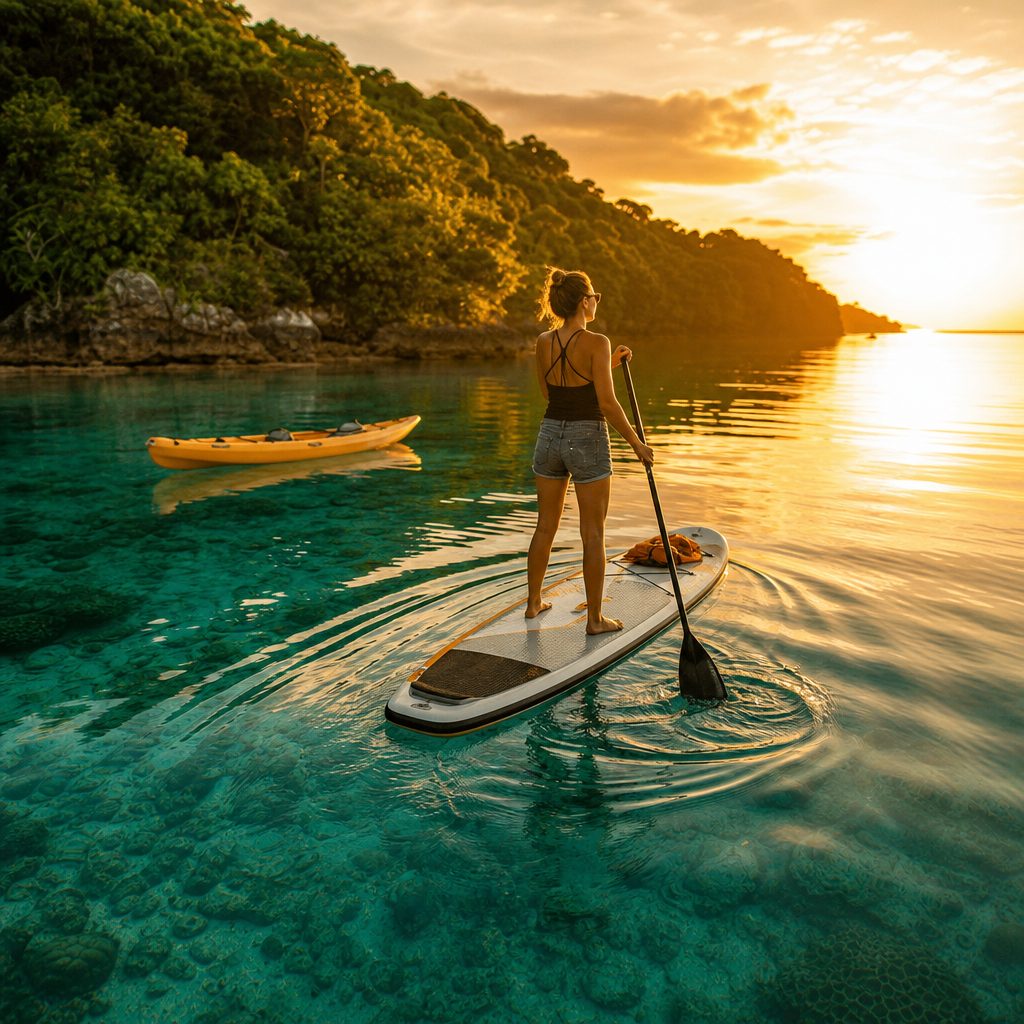 Stand-up paddleboarder on golden hour turquoise water — managed with ReservZs booking software
